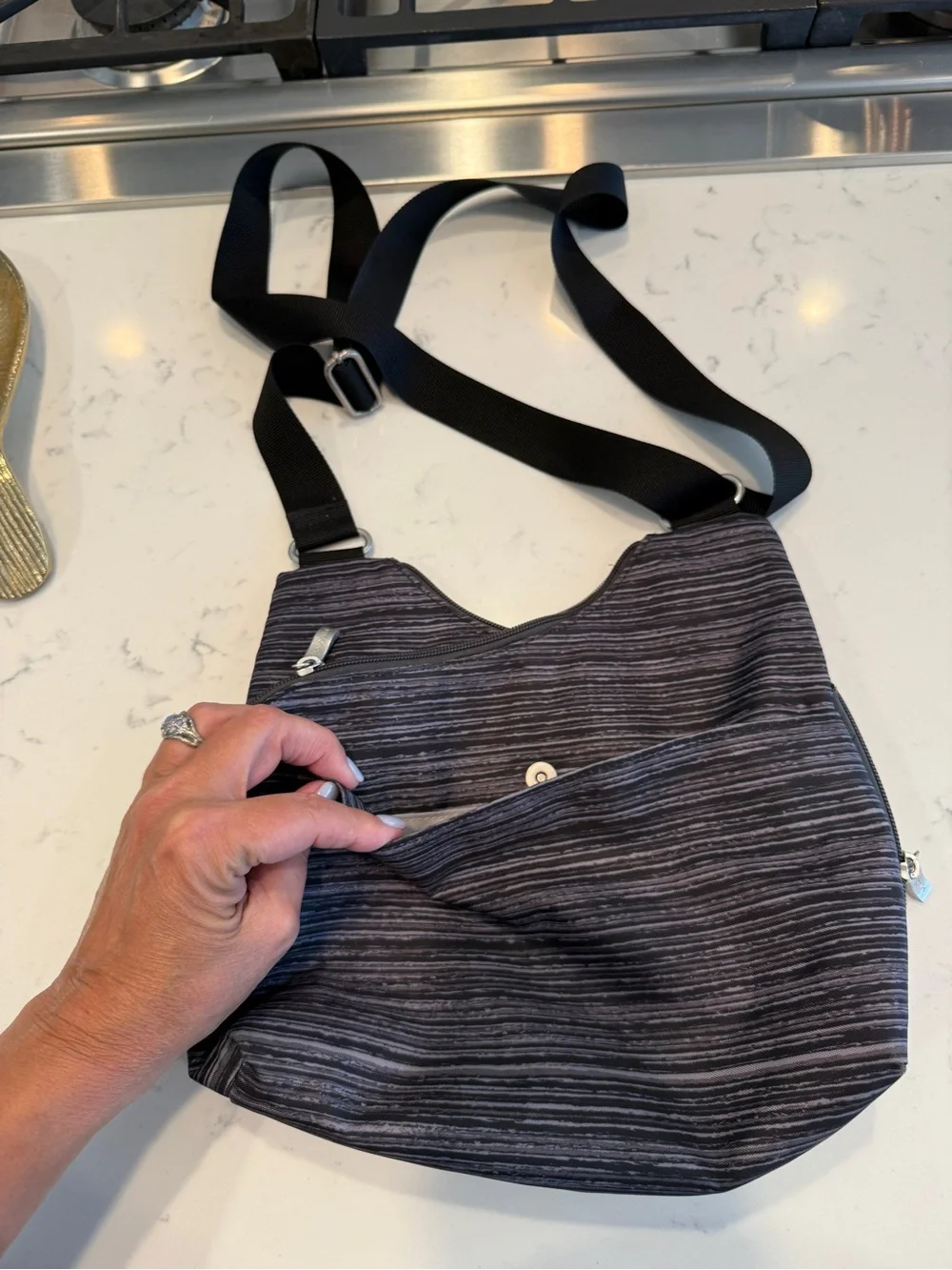 Baggallini Gray Black Striped Crossbody Bag Adjustable Strap Travel Purse